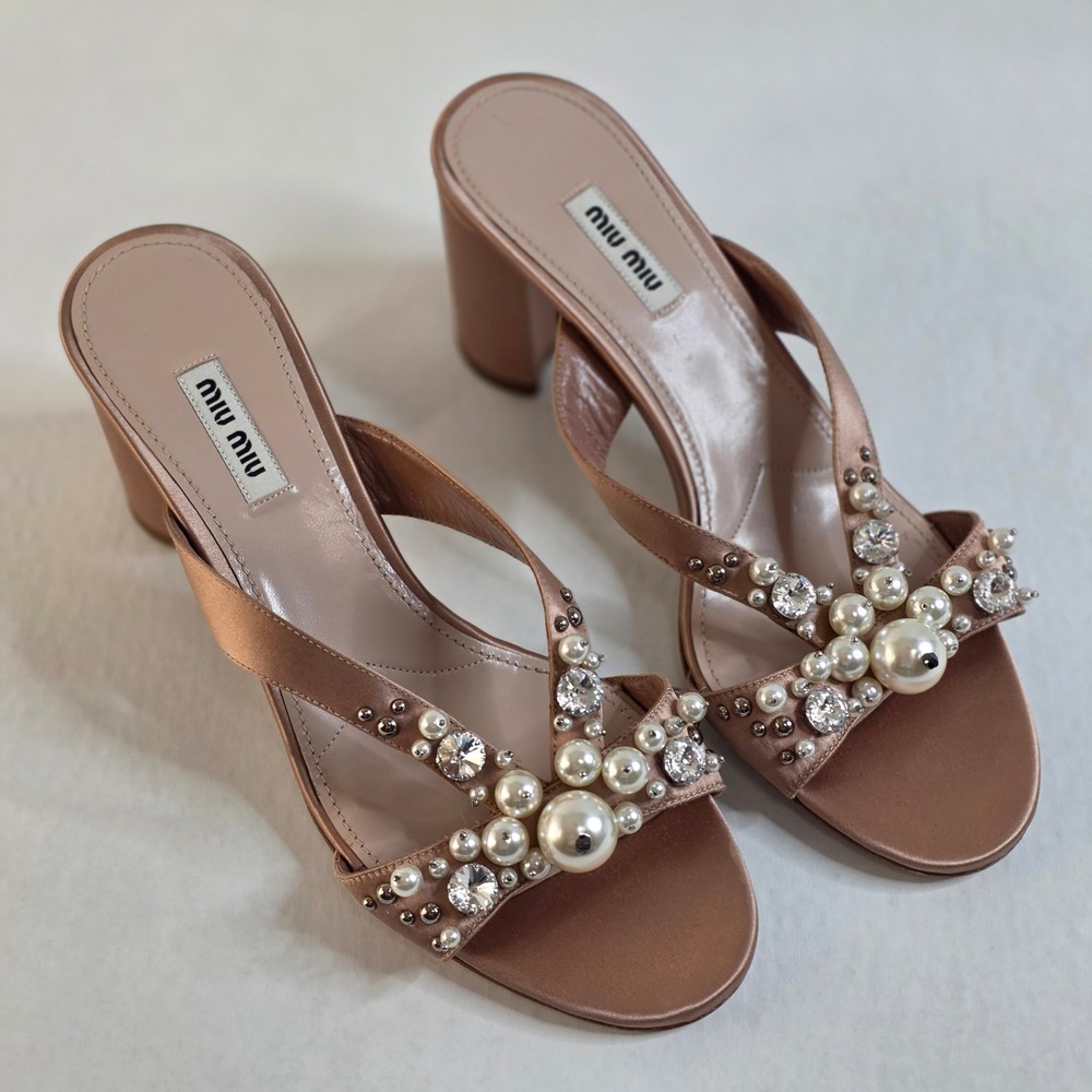 Miu Miu Cipria Satin Crystal & Pearl Embellished Block Heel Mules Size 40 US 9.5